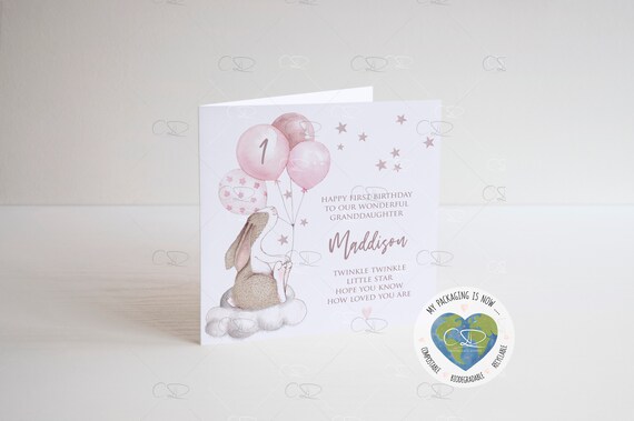 personalised watercolour bunny with balloon, Girl 1st Birthday card, daughter, granddaughter, niece, goddaughter, First, 2nd, 3rd, 4th, 5th
