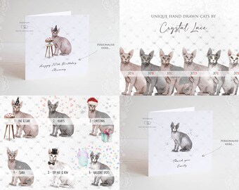 personalised sphynx Birthday card, hairless cat card, valentines, thank you, mother's day card, mum, dad watercolour