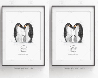 personalised Penguin family print, penguin illustration print, family wall art, watercolour, family forever, penguin baby gift, new baby