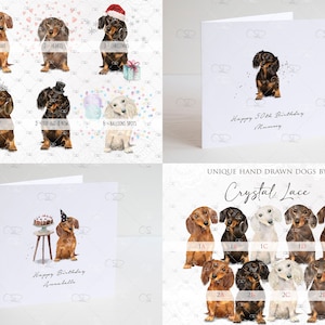 personalised dachshund Birthday card, sausage dog card, miniature longhaired black tan, chocolate, red, cream, brindle dapple, fawn, doxie