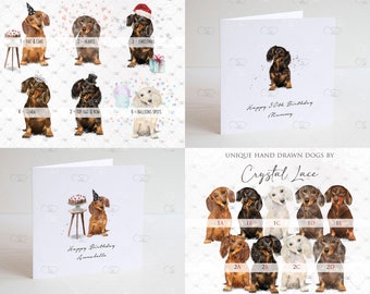 personalised dachshund Birthday card, sausage dog card, miniature longhaired black tan, chocolate, red, cream, brindle dapple, fawn, doxie