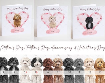 personalised cockapoo, cavapoo, labradoodle Mother's Day, father's day card, anniversary, valentine's, black white, cream, honey, chocolate