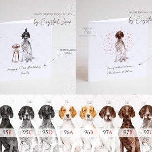 May include: A set of ten digital illustrations of German Shorthaired Pointers in various poses. The dogs are depicted in black and white, brown and white, and a light brown colour. Each illustration is labelled with a letter and number.