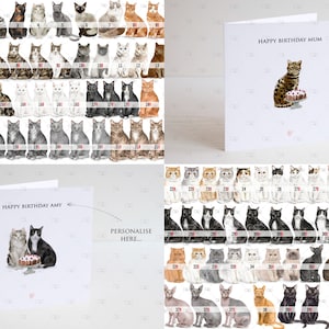 personalised cat Birthday card, personalised cat card, birthday card from the cat, two cats, cat mum card, dad, black, white tabby, ginger