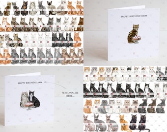 personalised cat Birthday card, personalised cat card, birthday card from the cat, two cats, cat mum card, dad, black, white tabby, ginger