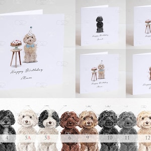May include: A set of 10 greeting cards featuring a dog wearing a party hat and holding a cake. The cards are white with a black border and the text "Happy Birthday" and the name of the recipient. The dog is available in 10 different colours.