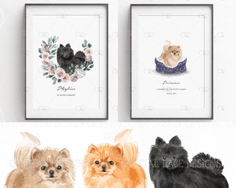 Personalised Pomeranian print, black Pomeranian print, watercolour Pomeranian gift, Pommy pompom dog, Pomeranian illustration, cream orange