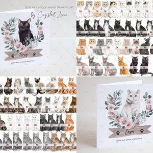 personalised watercolour Cat Sympathy Card, Personalised cat Memorial Card, Loss of Cat Loss Card, Personalized, black, white, ginger, tabby