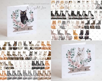 May include: A set of 212 hand-drawn cat illustrations in various poses and colors. The illustrations are arranged in rows and numbered. The text "LOTS OF UNIQUE HAND DRAWN CATS by Crystal Lace" is at the top of the image. Two cards with floral wreaths and the text "GONE BUT NEVER FORGOTTEN" are also included.