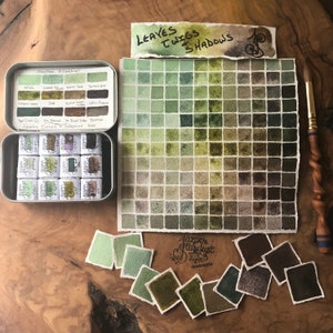 BLADEREN, TAKJES EN SCHADUWEN Set van 12: ambachtelijke handgemaakte aquarelverfset