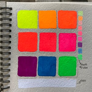 May include: A page from a sketchbook with nine squares of different colored paint swatches. The colors are neon green, orange, red, pink, purple, blue, green, and white. The page also includes a color chart with small squares of different shades of each color.