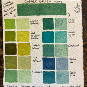 May include: A watercolor paint chart showing different shades of green and blue created by mixing cobalt green with other colors. The chart is labeled "Cobalt Green Mixes" and includes the names of the colors used, such as "Lemon Bright", "Cad Yellow Dark", "Turmeric Glow", and "Ox Yellow". The chart is made by Jazper Stardust Artisanal Handmade Watercolors.