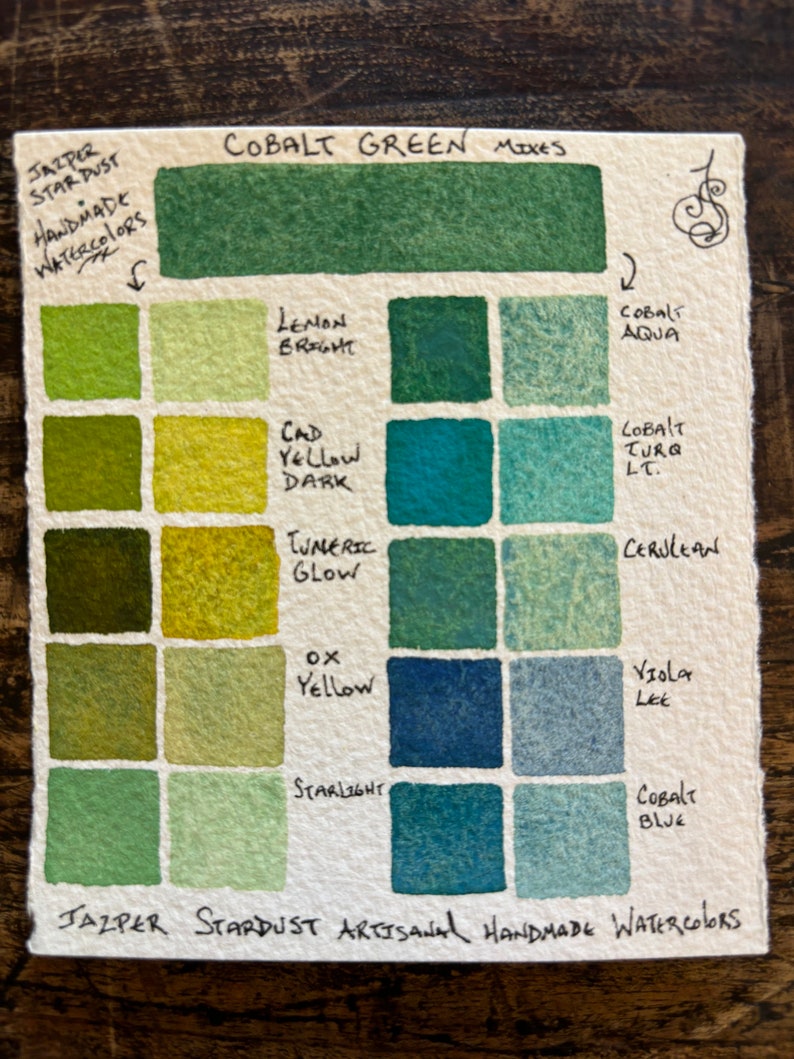 May include: A watercolor paint chart showing different shades of green and blue created by mixing cobalt green with other colors. The chart is labeled "Cobalt Green Mixes" and includes the names of the colors used, such as "Lemon Bright", "Cad Yellow Dark", "Turmeric Glow", and "Ox Yellow". The chart is made by Jazper Stardust Artisanal Handmade Watercolors.
