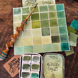 Nuovo set di 6 acquerelli TRAVEL della palette MINGLED GREENS, set di colori ad acquerello artigianali fatti a mano (2 1/4 x 2 pollici!)