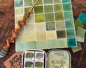 New MINGLED GREENS palette builder TRAVEL Watercolor Set of 6 Artisanal Handmade Watercolour paint set (2 1/4 x2 inches!)