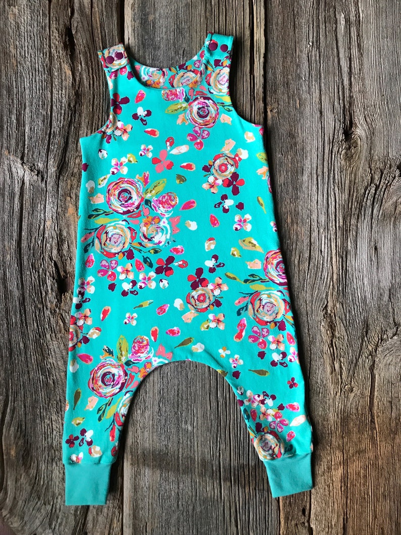 Boho Romper Baby Harem Romper Floral Romper Baby Romper Baby Harem Romper Turquoise Romper Baby Girl Romper