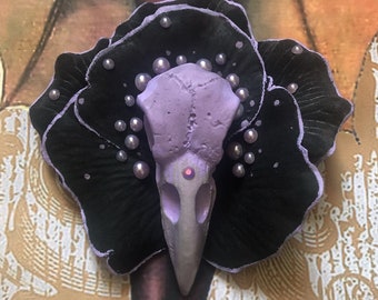 Hair clip or brooch pin option:lavender crow raven skull on black flower pastel goth gothic rockabilly pinup kawaii bird skull bettie page