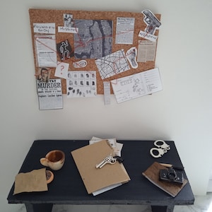 Puede incluir: Una mesa negra con una carpeta marrón, una taza pequeña, una galleta, una pistola de juguete plateada, una libreta negra y un par de esposas de juguete plateadas. Un tablero de corcho con varios papeles e imágenes está en la pared detrás de la mesa. Los papeles incluyen un mapa, un recorte de periódico, una hoja de huellas dactilares y una nota que dice "Missing".