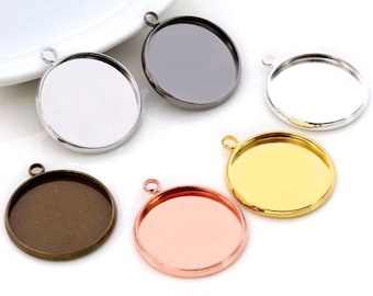 May include: Six round metal pendant trays with a loop at the top for hanging. The trays are in different colors: silver, gold, bronze, black, and rose gold.