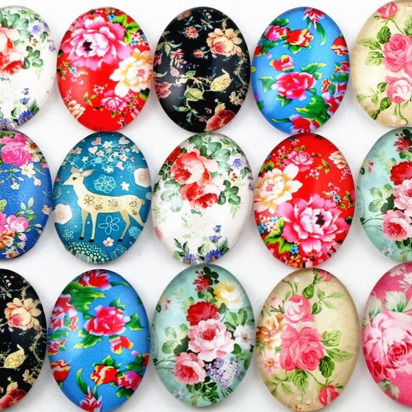 18x25mm Glass Photo Cabochons | Mixed Floral Designs | Pack of 10