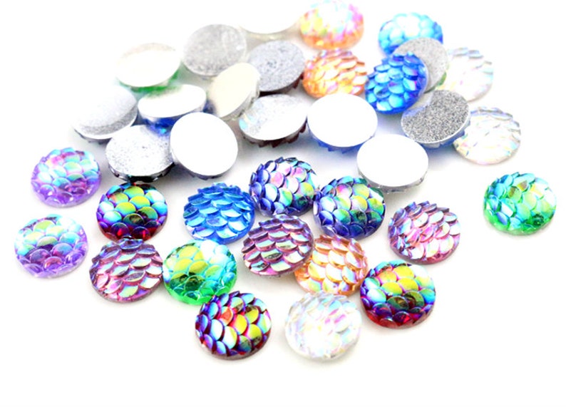 10mm Fish Scale Mermaid Resin CabochonsMixed Paired Colours8pcs