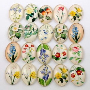 May include: Assortment of 20 oval-shaped glass cabochons with floral designs. The cabochons feature various flowers, including roses, daisies, and lilies, in shades of pink, yellow, blue, and red.