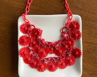 1940’s Celluloid Charm Necklace Double Strand Early Plastic Red Floral Vintage Necklace With A Bib Red Gerbera Daisy Vintage Jewelry