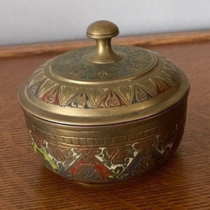 Vintage Enameled Brass Etched Lidded Bowl Enamel Brass Bowl Vintage Floral Brass Trinket Box Vintage Bowl