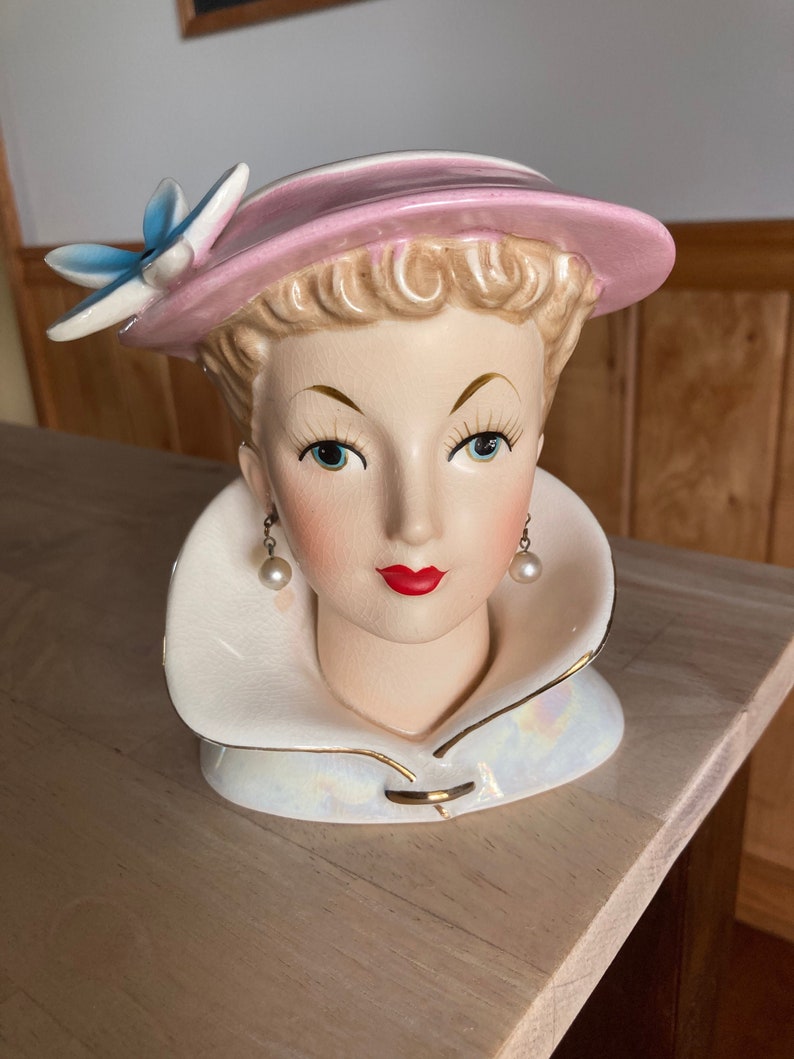 Relpo Lady Head Vase K1052A Made in Japan Pink Hat Blue Flower Etsy