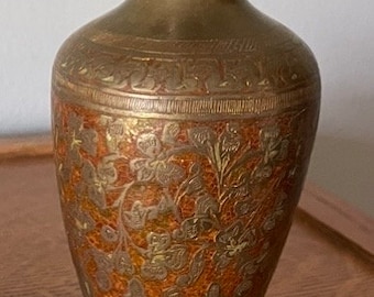 Vintage Enameled Brass Etched Bud Vase Enamel Brass Vase Vintage Floral