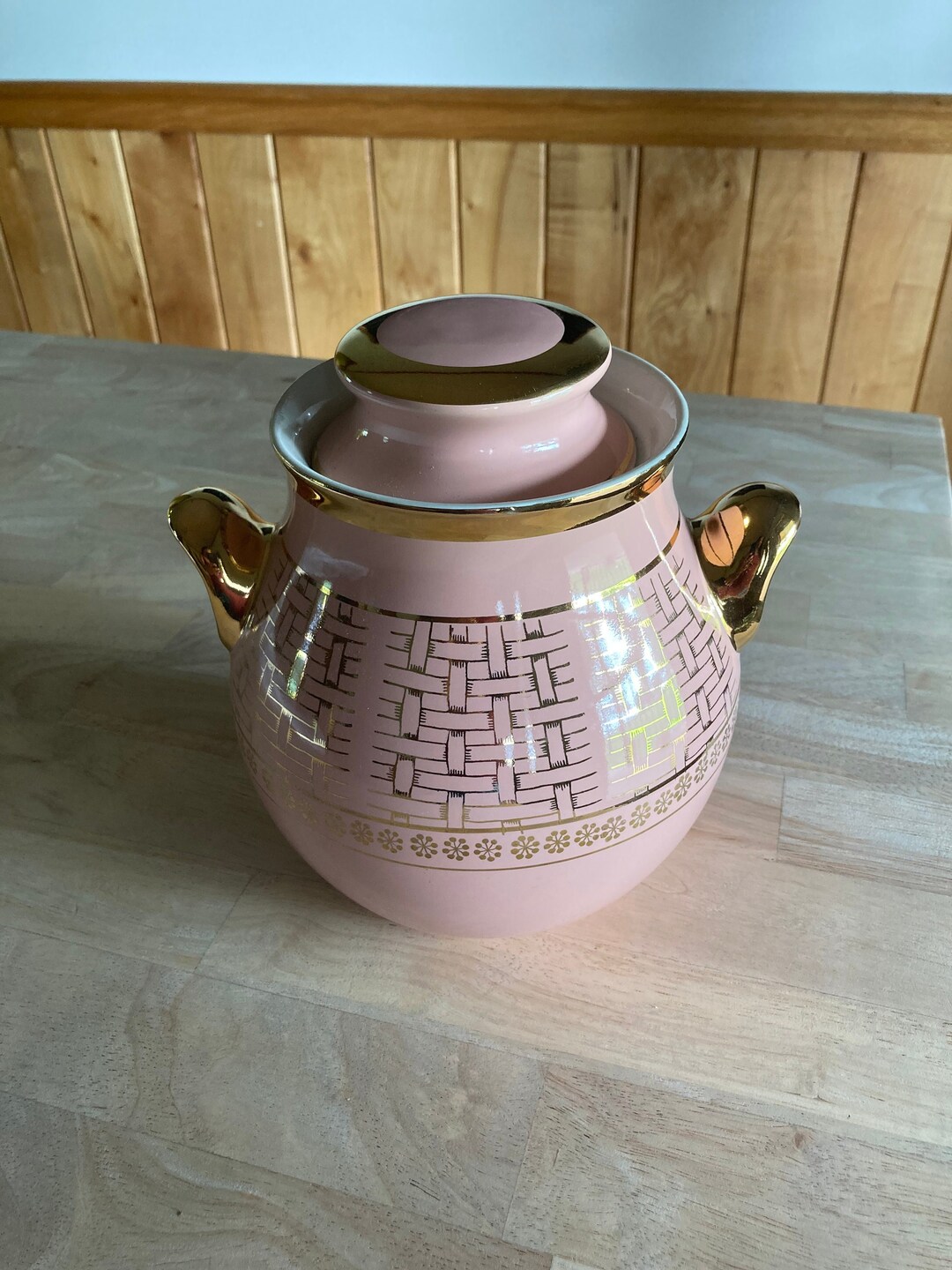 Hall Pink and Gold Cookie Jar Basketweave Pattern 1566 Gold Label