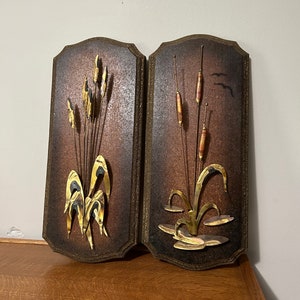 Vintage Wood Wall Plaques Copper Brass Cat Tails Wheat Stalks Vintage Home MCM Mid Century Wall Art Brass Cattails Vintage Home Wall Decor