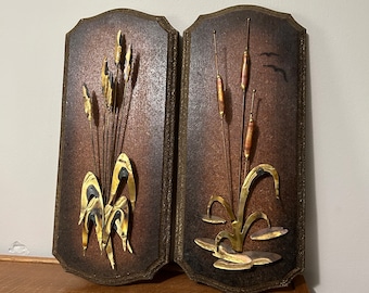 Vintage Wood Wall Plaques Copper Brass Cat Tails Wheat Stalks Vintage Home MCM Mid Century Wall Art Brass Cattails Vintage Home Wall Decor