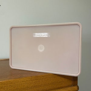 May include: A light pink rectangular plastic container with a white label that says "UPPERWARE" on it. The container has a small round indentation on the top.