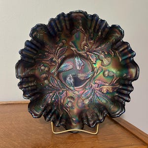 Vintage Carnival Glass Amethyst Ruffled Candy Bowl Thistle Pattern Carnival Glass Candy Dish Vintage Carnival Glass Bowl Ruffled Edge