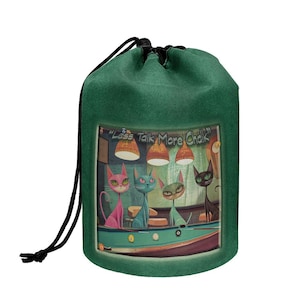 May include: A green drawstring bag with a colorful illustration of cartoon cats playing pool. The image features pink, blue, and green cats with the text "Less Talk More Chalk". The bag has a black drawstring closure.