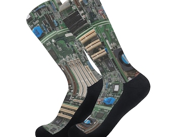 Calcetines de fiesta con temática de ordenador vintage de los años 80, cubrepiés con placa base y circuito impreso