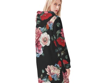 Black Floral Women&#39;s Pullover Hoodie Dress pink poppies hood top long shirt dress sweatshirt