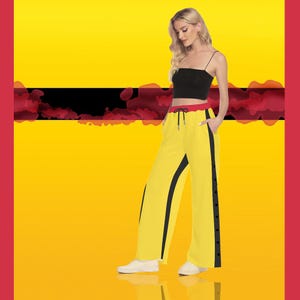 KILL BILL Inspired - Pantalon jaune pour femme Beatrix Kiddo Pants, rayures latérales noires avec fente, bouton-pression xs - 2xl