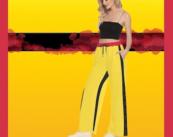 KILL BILL Inspired Yellow Women's Trousers Beatrix Kiddo Pants Side Black Stripe Slit Snap Button xs - 2xl