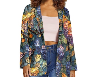 Ladies Casual Blazer Floral Stain Glass Printed Jacket Lightweight Dress Topper Women Suit xs to Plus 3xl