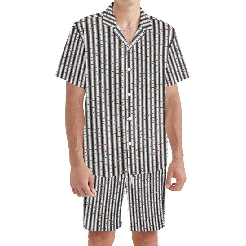 Men Hawaiian Short Sleeve Shirt and Shorts Set Vintage Guns & Stripes Top 2pc Summer Outfit image 1