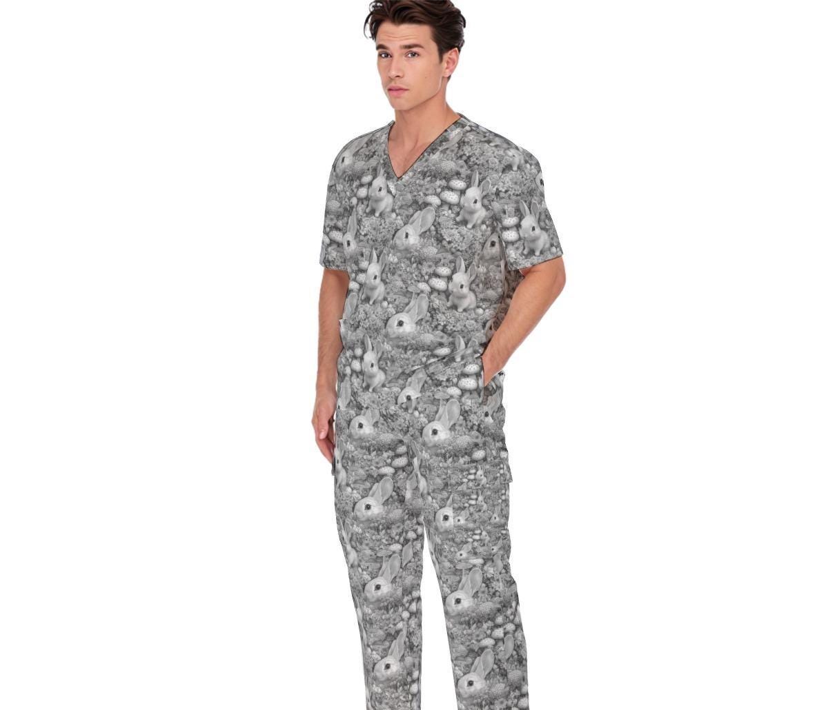 Unisex Scrub Set Medical Scrubs Top Pants Men Women 2pc Outfit Bunny Rabbits Printed