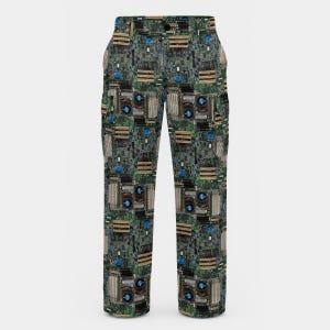 May include: Straight-leg pants with a repeating pattern of computer circuit boards in shades of green, blue, and brown. The pants have a button and zipper closure and pockets. The overall design is a unique and eye-catching print.