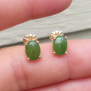 Jade Earrings Turkish Victory Stone Green Jade Studs Jade Cabochon 19th Century Gem Antique Gemstone Ancient Asian Amulet Gold Fill #59366