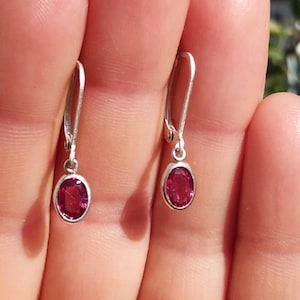 Op de afbeelding: Een paar zilveren oorhangers met ovale, dieprode edelstenen. De oorbellen hebben een eenvoudig, elegant ontwerp, met de edelstenen gezet in een bezel setting. De oorhaken zijn zichtbaar.