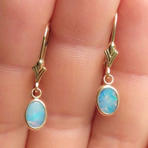 May include: A pair of gold dangle earrings with oval-shaped blue opal gemstones. The earrings have a delicate, ornate design.