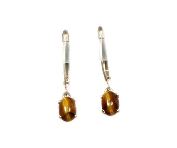 Tigers Eye Earrings Eastern Magic Talisman Tiger's Eye Cabochon Dangles 19th Century Antique Gemstone Ancient Amulet Enchantment Gems #63127