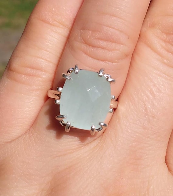 Frozen Seawater Aquamarine Ring, Vintage Gem Aquamarine Checkerboard Old Fashion, Ancient Greek Mariner Talisman, Pastel Blue Ring #65576