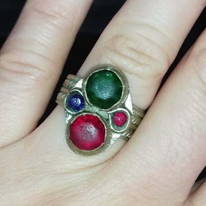 Genuine Elaborate Byzantine 18thC Renaissance Era Silver Alloy Bezel Ring Size 8 Ruby Red Sapphire Blue Emerald Green Glass Gemstones #57341